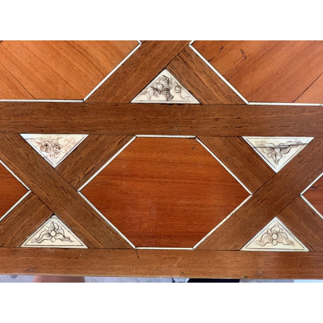 Black 19th Century Baroque Spanish Side Table With Marquetry Top and Lyre Carved Legs For Sale - Image 8 of 13