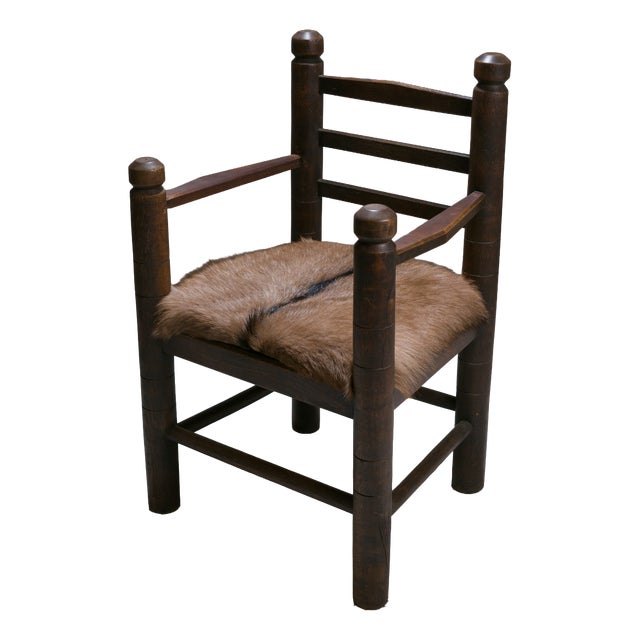 Rustic Modernist French Armchair in Stained Oak and Animal Hide, 1950 For Sale