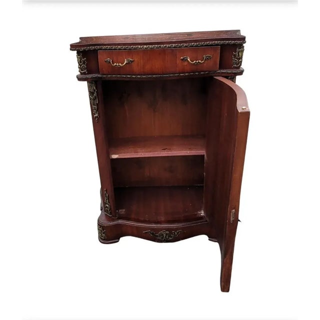 French Continental Mahogany Marquetry and Metal Decorated Side Console Cabinet For Sale - Image 11 of 13