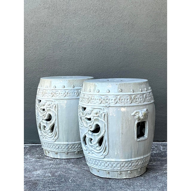 Early 21st Century Vintage Glazed Ceramic Garden Stools - A Pair For Sale - Image 5 of 12