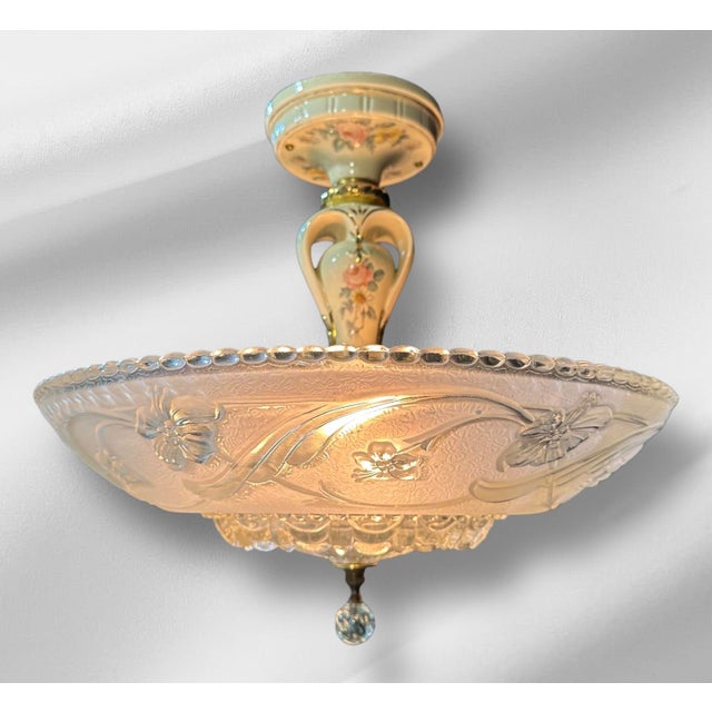 Art Nouveau 1930s Art Nouvau Glass and Porcelain Chandelier For Sale - Image 3 of 12
