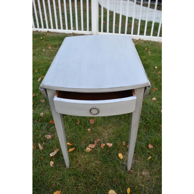 Gray Mahogany Pembroke Drop Leaf Accent Table Painted Storage Drawer Gray 70s For Sale - Image 8 of 12