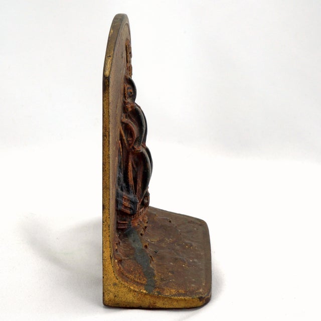 1920s Single Ship at Sunrise Bookend Littco Bronzed Cast Iron Polychrome Circa 1925 For Sale - Image 5 of 6