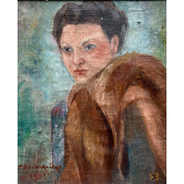 French School, Portrait of a Woman with a Fur Coat, 1931, Oil on Canvas For Sale - Image 11 of 15