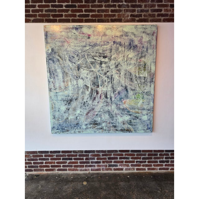 Epic texture blends blues, white, green, and a touch of yellow. This abstract acrylic on canvas will serve as a key design...