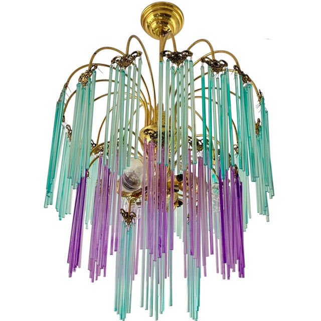 1980s One-of-a-Kind Hand-Painted Spanish Glass Rod Chandelier in Turquoise & Purple – 3 Lights For Sale - Image 6 of 16