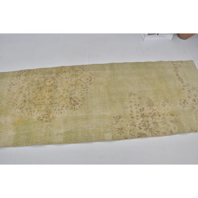 1960s Faded Green Turkish Hallway Runner, Hand-Knotted Wool, Organic Distressed Texture For Sale In Phoenix - Image 6 of 10