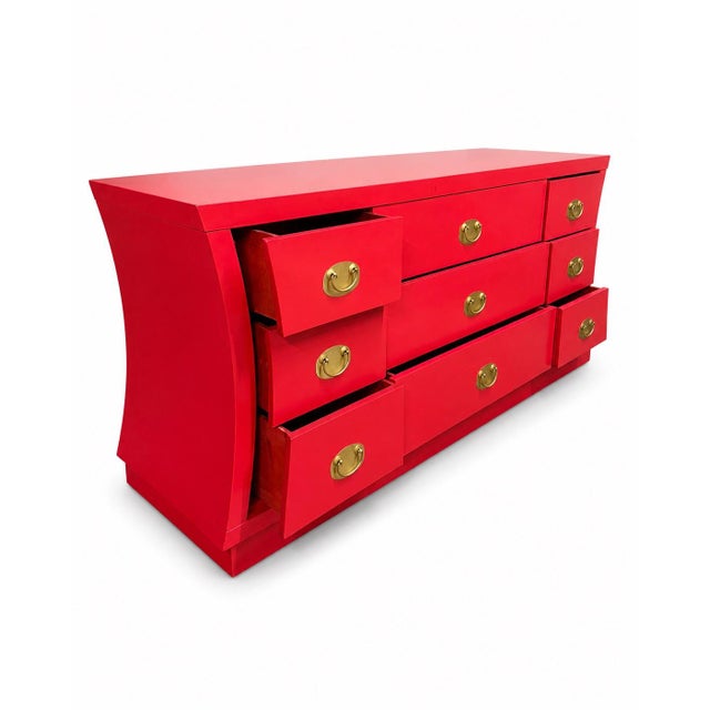 Mid-Century Modern Vintage 9 Drawer Lowboy Reimagined in Scarlett For Sale - Image 3 of 8