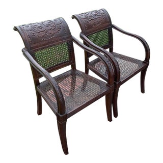 Carved Mahogany and Cane Dining Chairs - A Pair For Sale