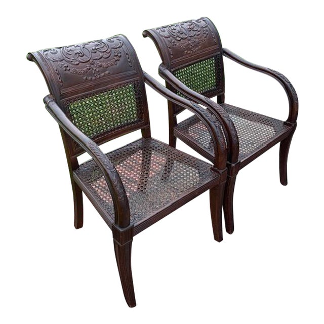 Carved Mahogany and Cane Dining Chairs - A Pair For Sale