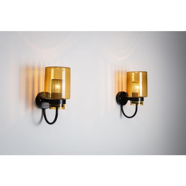 1960s Black Metal Wall Lamps with Yellow Shades and Inner Diffuser, 1960s, Set of 2 For Sale - Image 5 of 15