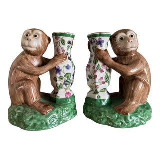 Antique Pair of Early Export Chinoiserie Ceramic Monkey Vase/Candlestick Holders For Sale