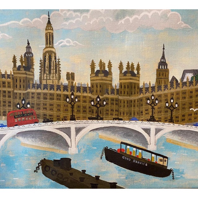 Andrew Murray, Naive London Street Scene Folk Art Oil Painting Big Ben, Parliament, Union Jack For Sale - Image 4 of 7
