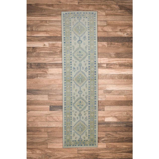 Early 21st Century Green & Blue Geometric Design Handwoven Wool Turkish Oushak Rug 2'10" X 11'8" For Sale In Houston - Image 6 of 7