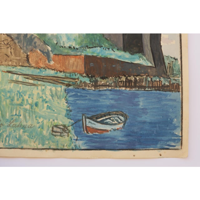 Blue Mid-Century Swedish Outsider Folk Art Original Watercolor Painting, Signed, Lakeside Fortress Landscape For Sale - Image 8 of 9