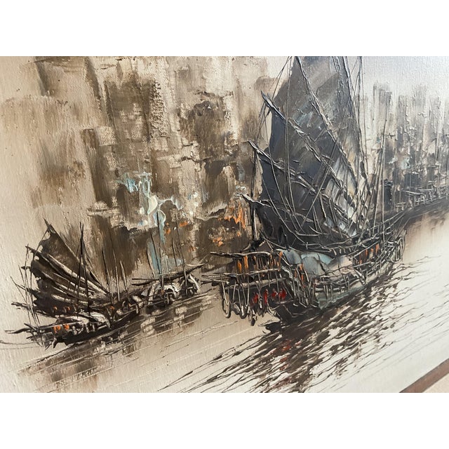 Framed Asian Harbor Scene Ink Wash Drawing Fishing Boats Landscape For Sale In Palm Springs - Image 6 of 11