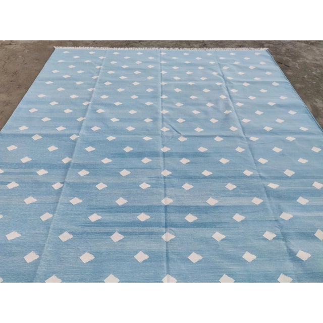 Textile Handmade Cotton Pattern Leaf Pattern Rug, Sky Blue and White - 10'x14' For Sale - Image 7 of 11