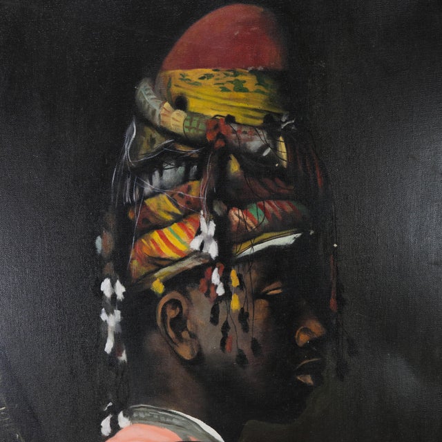 Early 21st Century Contemporary Oil Painting Portrait With Tribal Headdress and Pink Garment For Sale - Image 5 of 7
