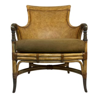 Kreiss Safari Style Accent Club Chair with Woven Tight Back, Bamboo Carved Wood and Leather For Sale