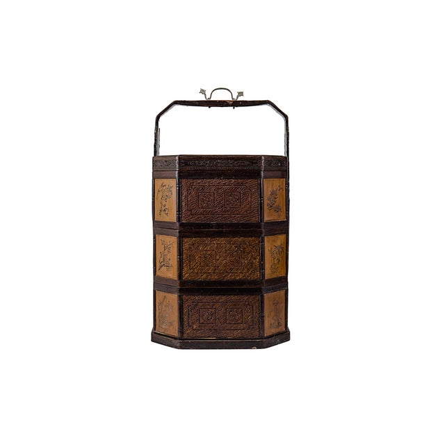 Brown Antique 3 Three Tiered Wood & Bamboo Rattan Chinese Wedding Basket For Sale - Image 8 of 18