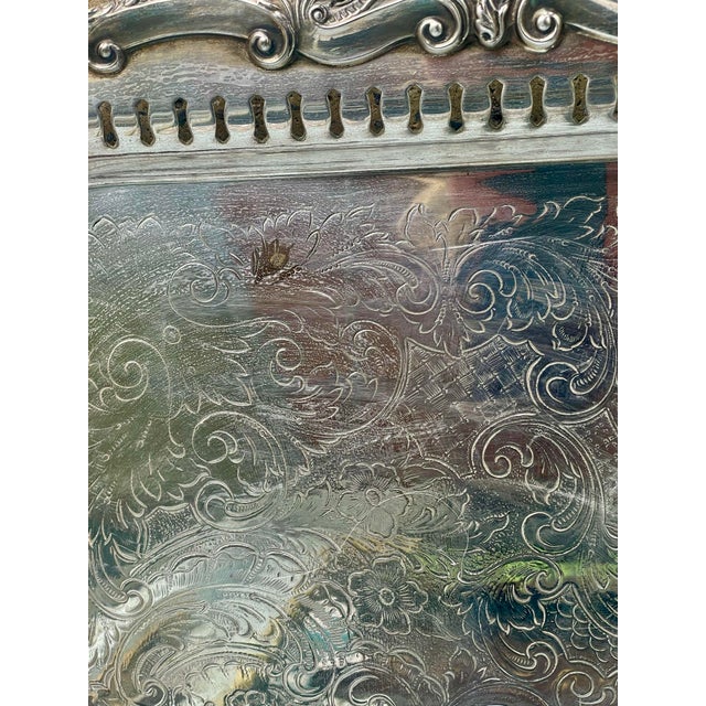 Metal Mid 20th Century Birmingham Large Footed Silver Plate Serving Tray Etched Reticulated Raised Edge For Sale - Image 7 of 12