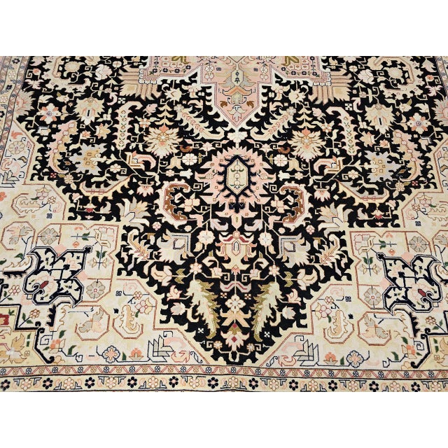 Fine Persian Tabriz Rug, Hand-Knotted Wool & Silk, Geometric Heriz Pattern, Black & Ivory, 7x10 For Sale - Image 15 of 17