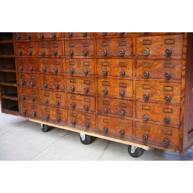 Farmhouse Antique Oak Store Counter Apothecary Card Catalog Kitchen Island (30 Drawers) For Sale - Image 3 of 15