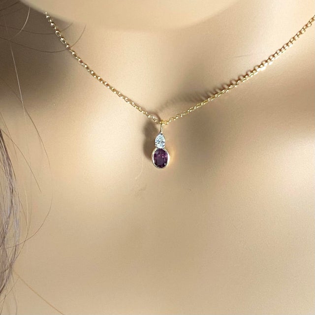 14 Karat Yellow White Gold Bezel Set Oval Ruby Pear Diamond Pendant For Sale In New York - Image 6 of 7