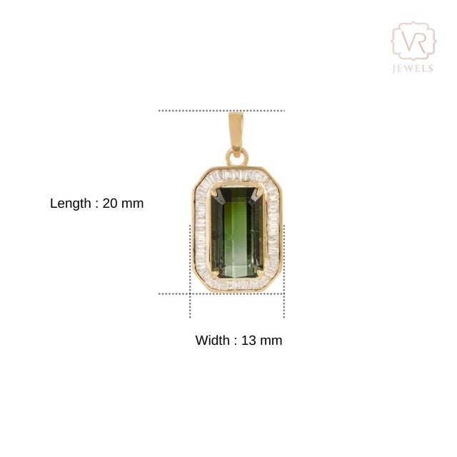 5.5ct Emerald Cut Green Tourmaline & Baguette Diamond Pendant in 14k Yellow Gold For Sale - Image 11 of 14