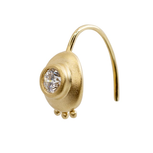 Modern Solitaire Diamond Disc Gold Hook Earrings, Pair For Sale - Image 3 of 8