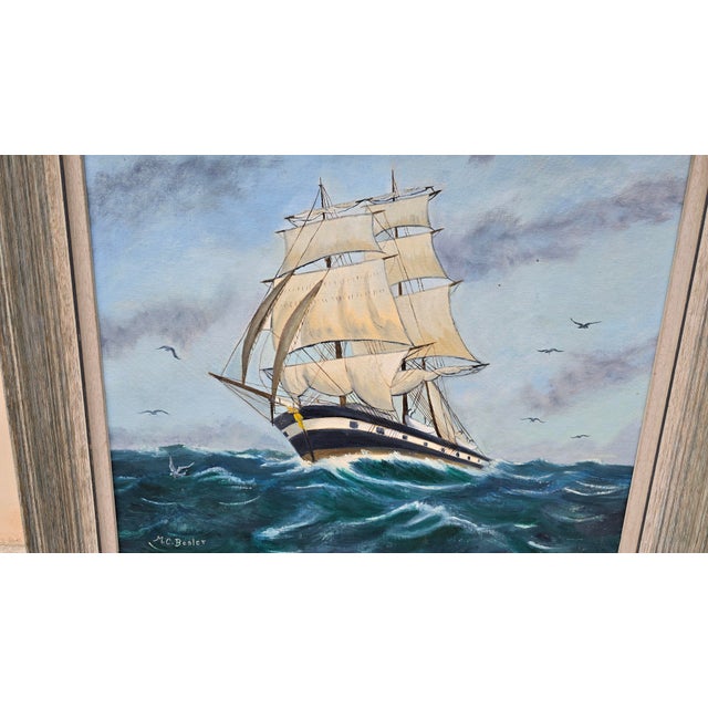 Vintage Mid Century Ship Clipper Sailing Through Choppy Waves Signed m.c. Besler For Sale - Image 4 of 17