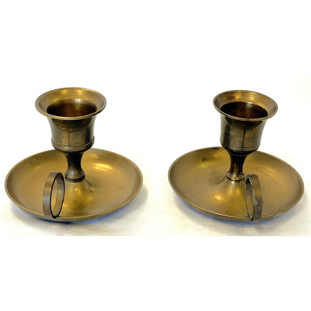 Vintage Solid Brass Chamberstick Candle Holder Made in India- A Pair For Sale - Image 4 of 11