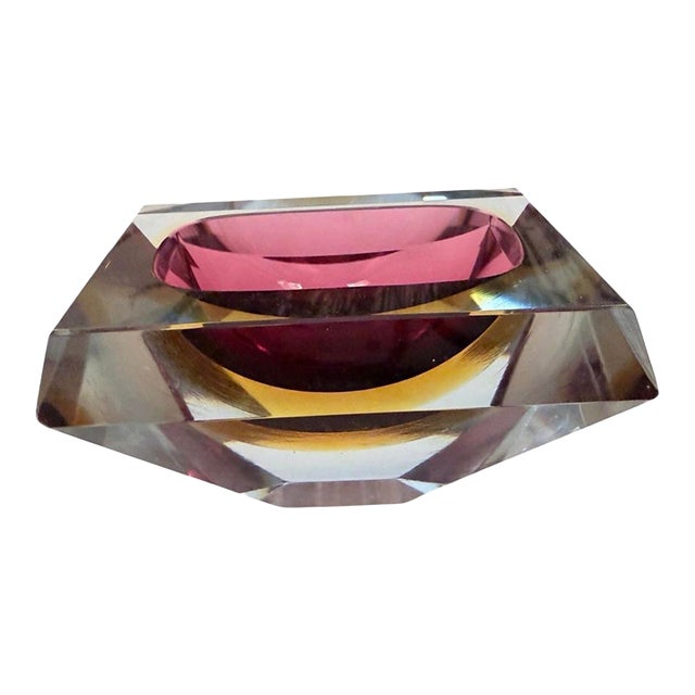 Mid-Century Purple & Amber Sommerso Faceted Glass Bowl / Ashtray, Attributed to Murano For Sale