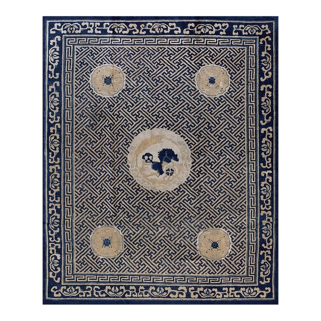 1900s Camel Field Traditional Chinese Lions Geometric Antique Peking Rug For Sale