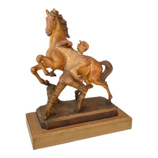 Vintage Carved Wood Horse & Jockey Sculpture by Anri in Italy For Sale