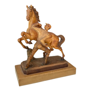 Vintage Carved Wood Horse & Jockey Sculpture by Anri in Italy