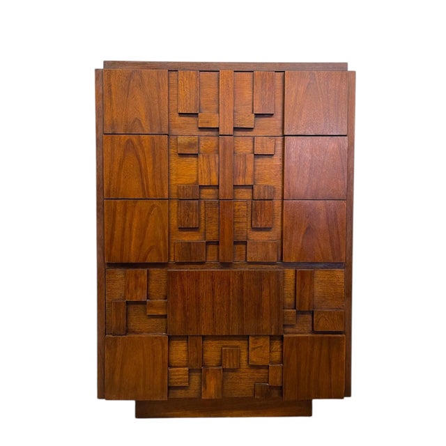 Vintage Mid-Century Modern Brutalist highboy dresser by Lane Furniture, crafted in the 1970s. This striking piece...