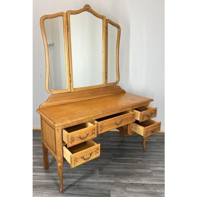 Vintage French Louis Style Oak Dressing Table with Mirror For Sale - Image 9 of 10