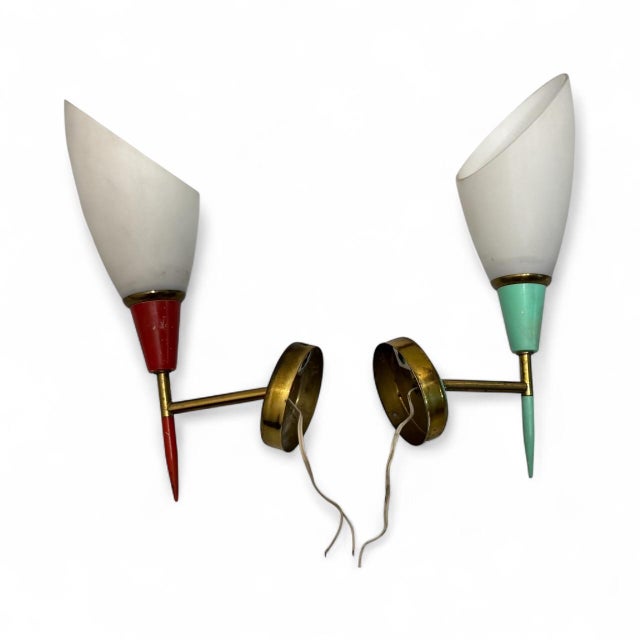 Set of 2 Vintage 1950’s Wall Sconces Elegant pair of mid-century wall sconces with colored metal mounts (red and green)...