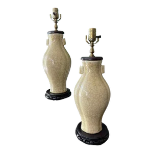 1960s Yellow Crackle Glaze Asian Ceramic Lamps - a Pair