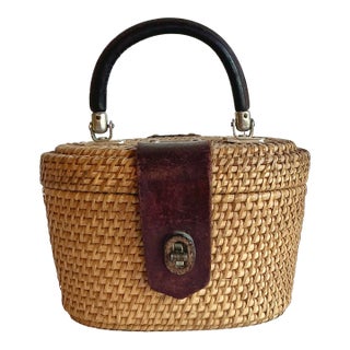 Vintage Boho Woven Rattan Nantucket Style Bag For Sale