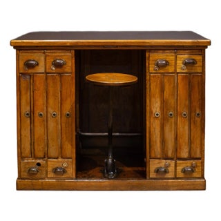 Antique Industrial Oak Architect's Desk With Integrated Swing-Out Stool c.1920 For Sale