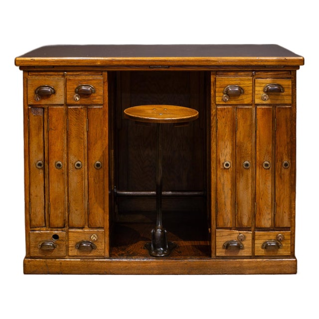Antique Industrial Oak Architect's Desk With Integrated Swing-Out Stool c.1920 For Sale