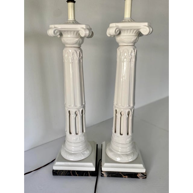 Neoclassical Style White Ceramic and Marble Fluted Column Table Lamps, Pair For Sale In Philadelphia - Image 6 of 12