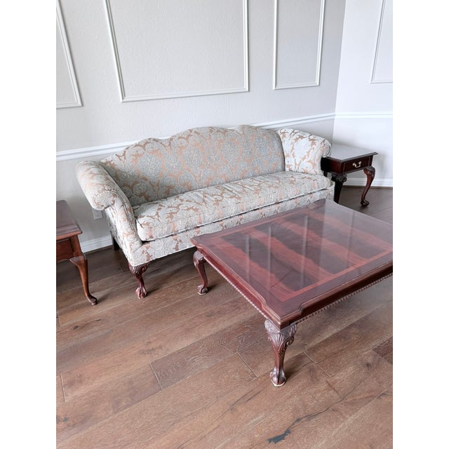 Chippendale Formal Carved Mahogany Sofa – Cream & Gold Floral Damask Upholstery For Sale - Image 3 of 4