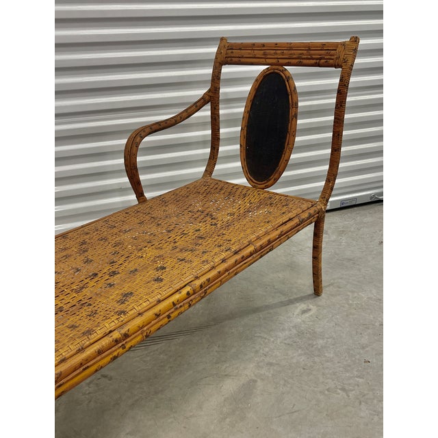 1970s Mid-Century Bohemian Burnt Rattan Daybed Bench With Authentic Hand-Woven Cane Seat For Sale - Image 5 of 18
