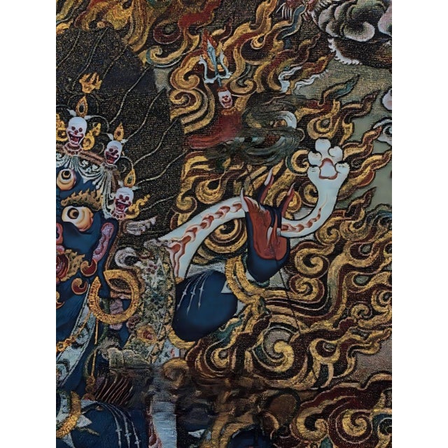Chinese Mid 20th Century Xizang Embroidery and Brocade Thangka Buddha Painting - Wrathful Deity Protector Wall Art - Hand Painted Buddhist Sacred Scroll For Sale - Image 3 of 8