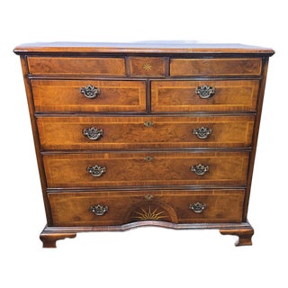 Antique English George III Burl Walnut Chest of Drawers With Inlaid Concave Sunburst - Nautica Star and Two Secret Drawer For Sale