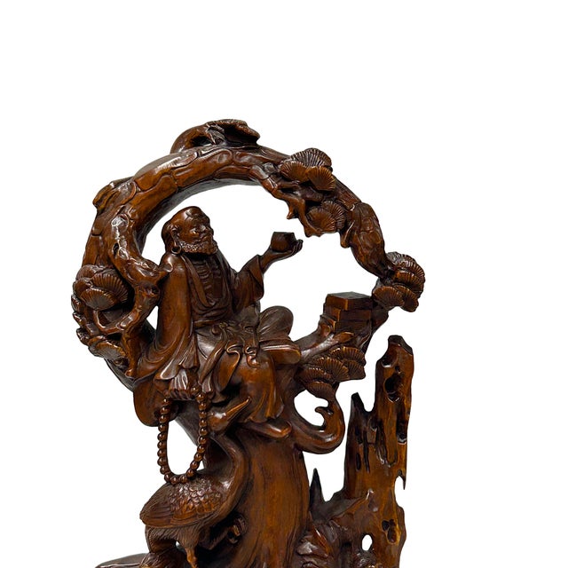 Legendary Sage Damo Bodhidharma on Pine With Crane Wood Art Figure For Sale In San Francisco - Image 6 of 9