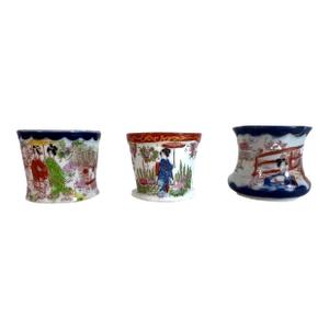 Antique Japanese Porcelain Hand Painted Tea Cups, Catchalls, Shot Cups, Set of Three